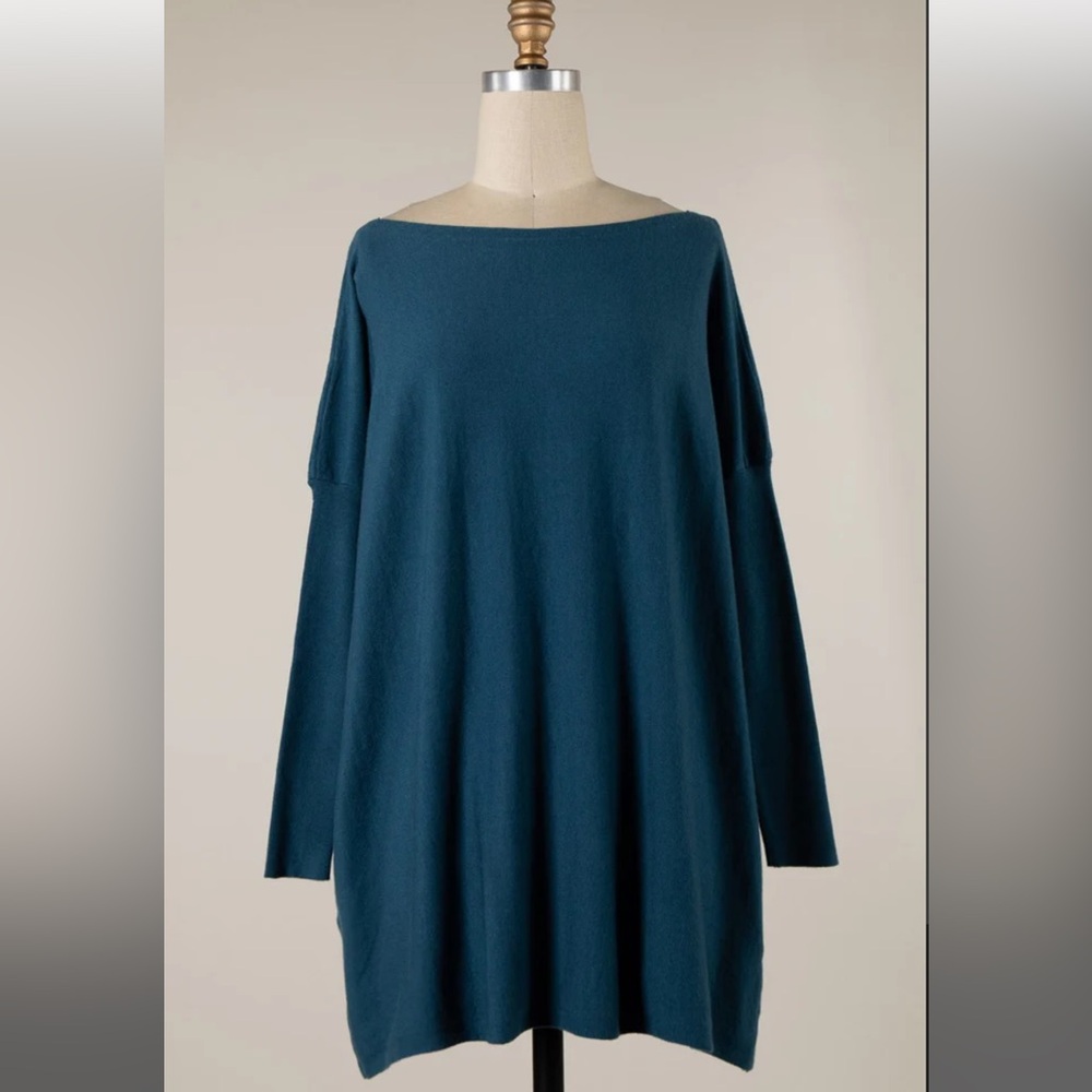 NWT - Boat Neck Oversized Light Knit TunicTeal/Long Sleeve Sweater Dress